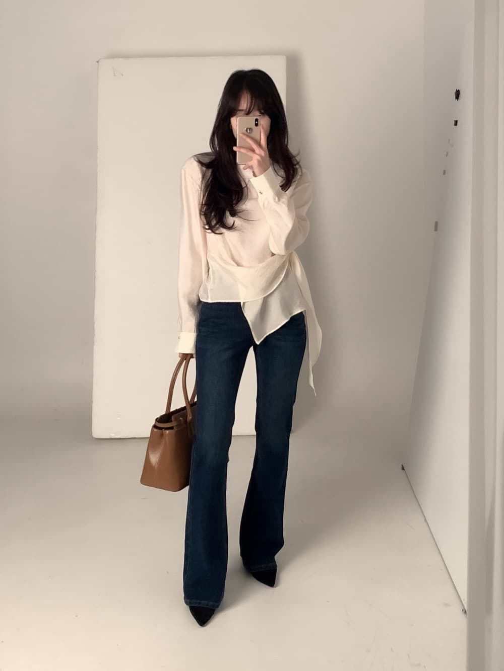 있음 선적 chic 한국 스타일 불규칙 레이스업 이른 봄 셔츠 상세 이미지 7