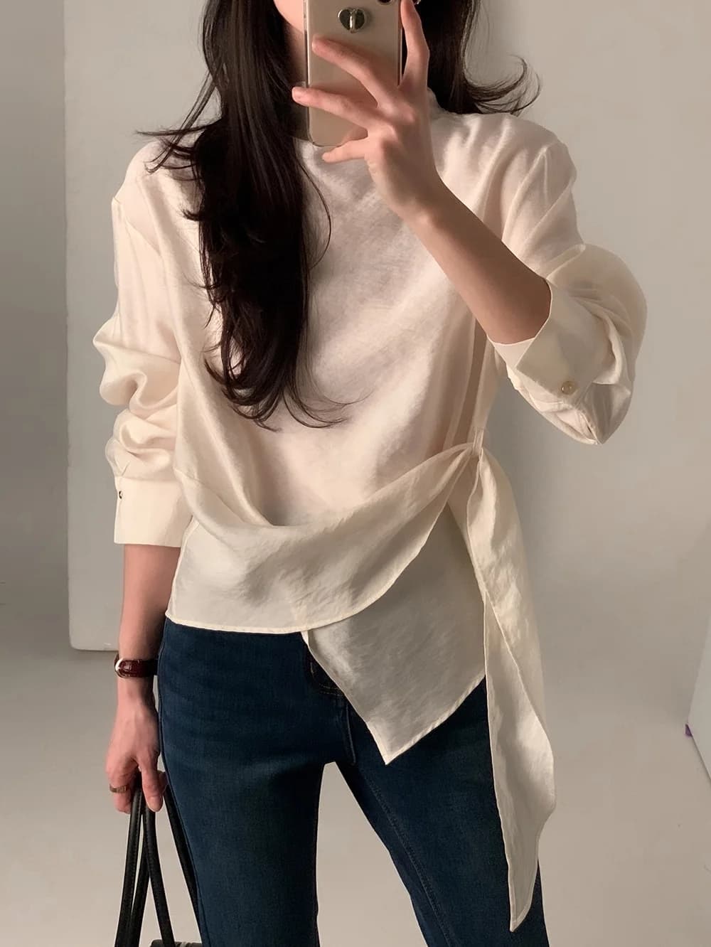 있음 선적 chic 한국 스타일 불규칙 레이스업 이른 봄 셔츠 상세 이미지 9