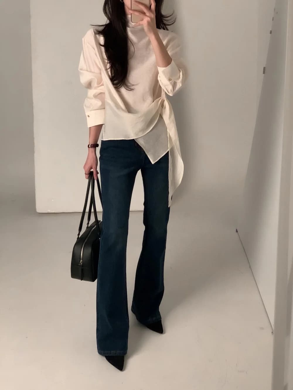 있음 선적 chic 한국 스타일 불규칙 레이스업 이른 봄 셔츠 상세 이미지 12