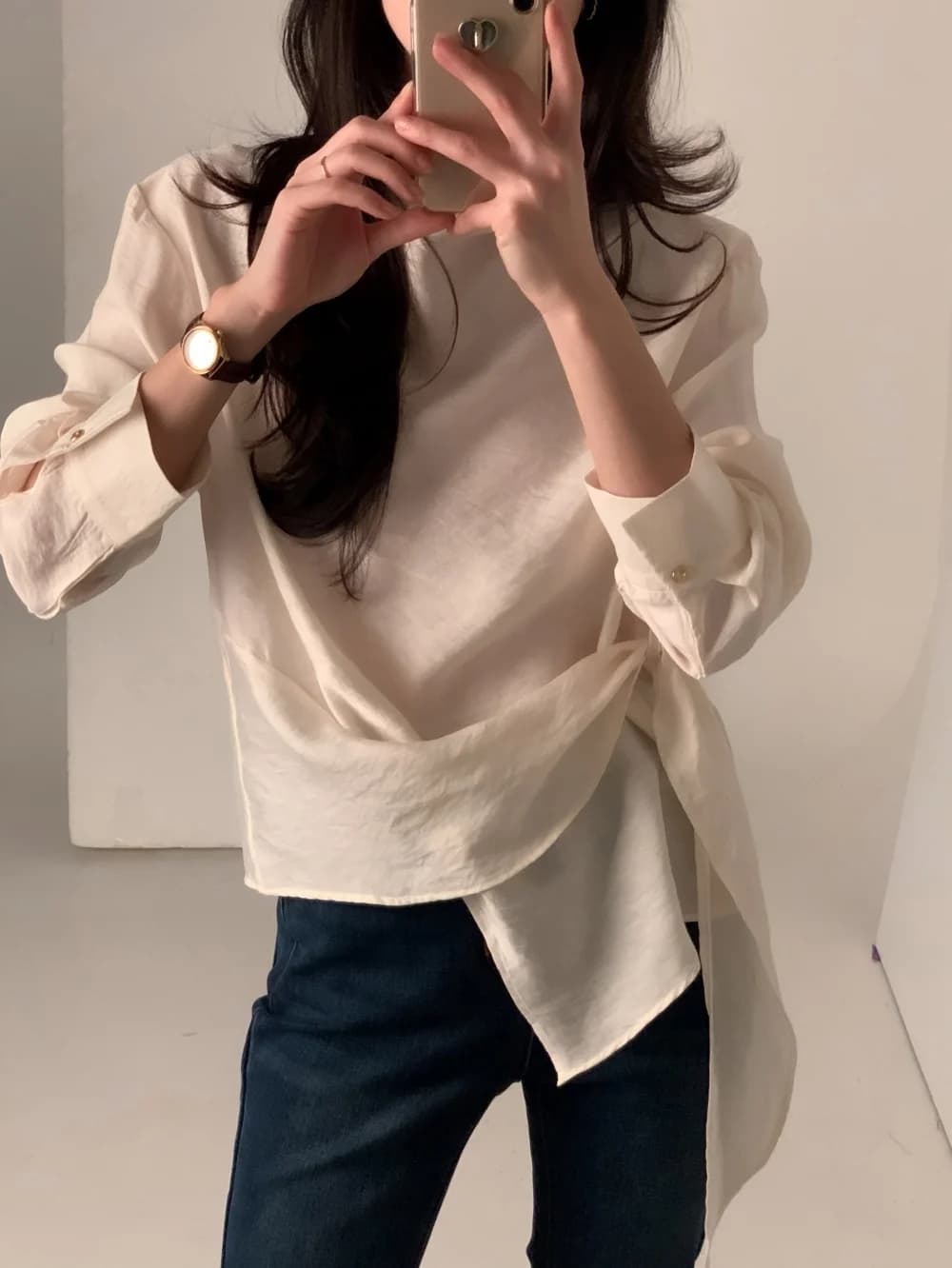 있음 선적 chic 한국 스타일 불규칙 레이스업 이른 봄 셔츠 상세 이미지 14