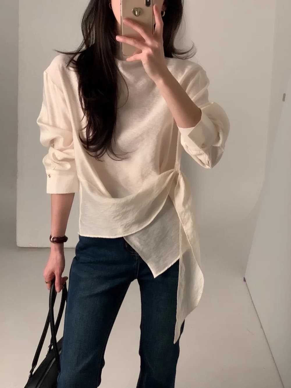 있음 선적 chic 한국 스타일 불규칙 레이스업 이른 봄 셔츠 상세 이미지 17