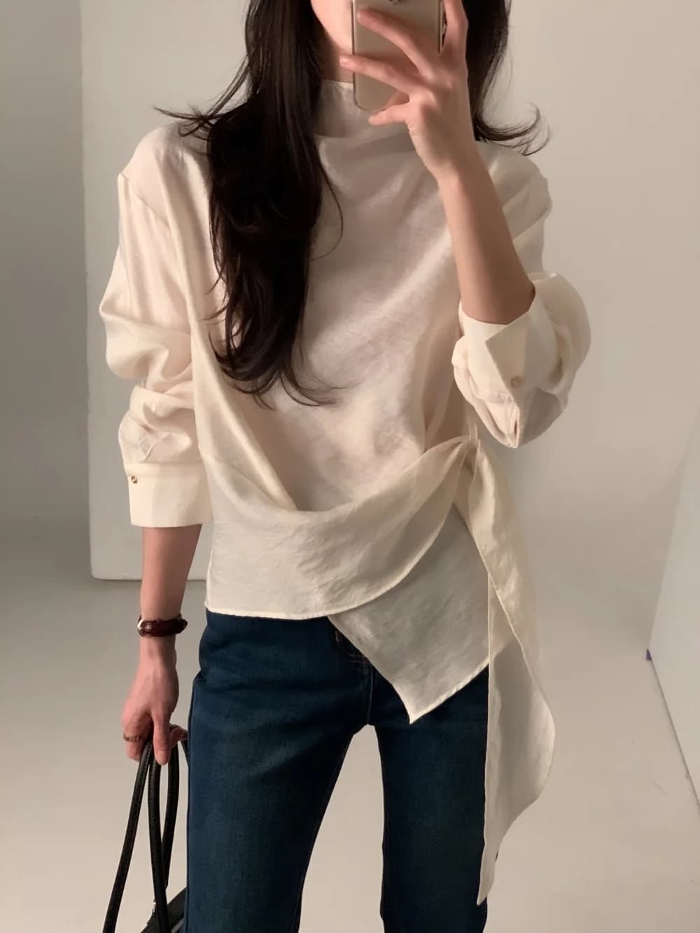 있음 선적 chic 한국 스타일 불규칙 레이스업 이른 봄 셔츠 상세 이미지 28