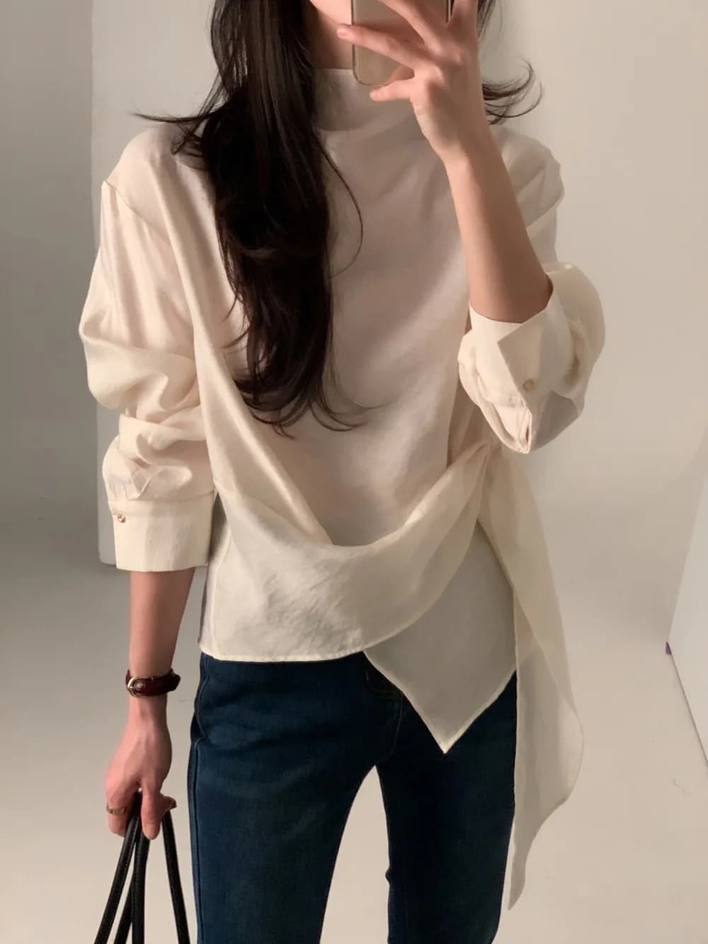 있음 선적 chic 한국 스타일 불규칙 레이스업 이른 봄 셔츠 상세 이미지 29