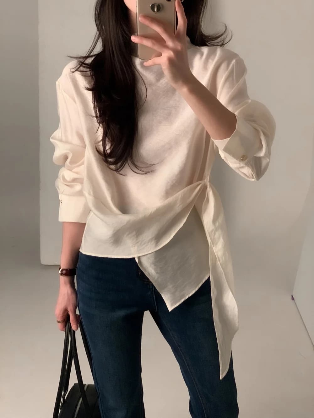 있음 선적 chic 한국 스타일 불규칙 레이스업 이른 봄 셔츠 상세 이미지 30