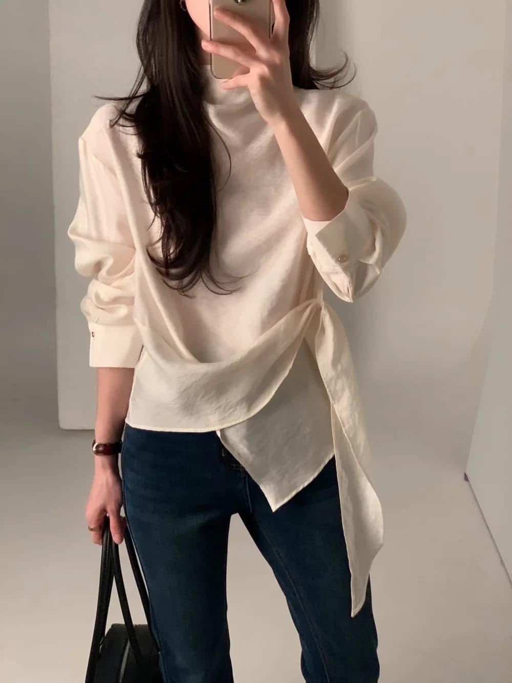 있음 선적 chic 한국 스타일 불규칙 레이스업 이른 봄 셔츠 상세 이미지 31