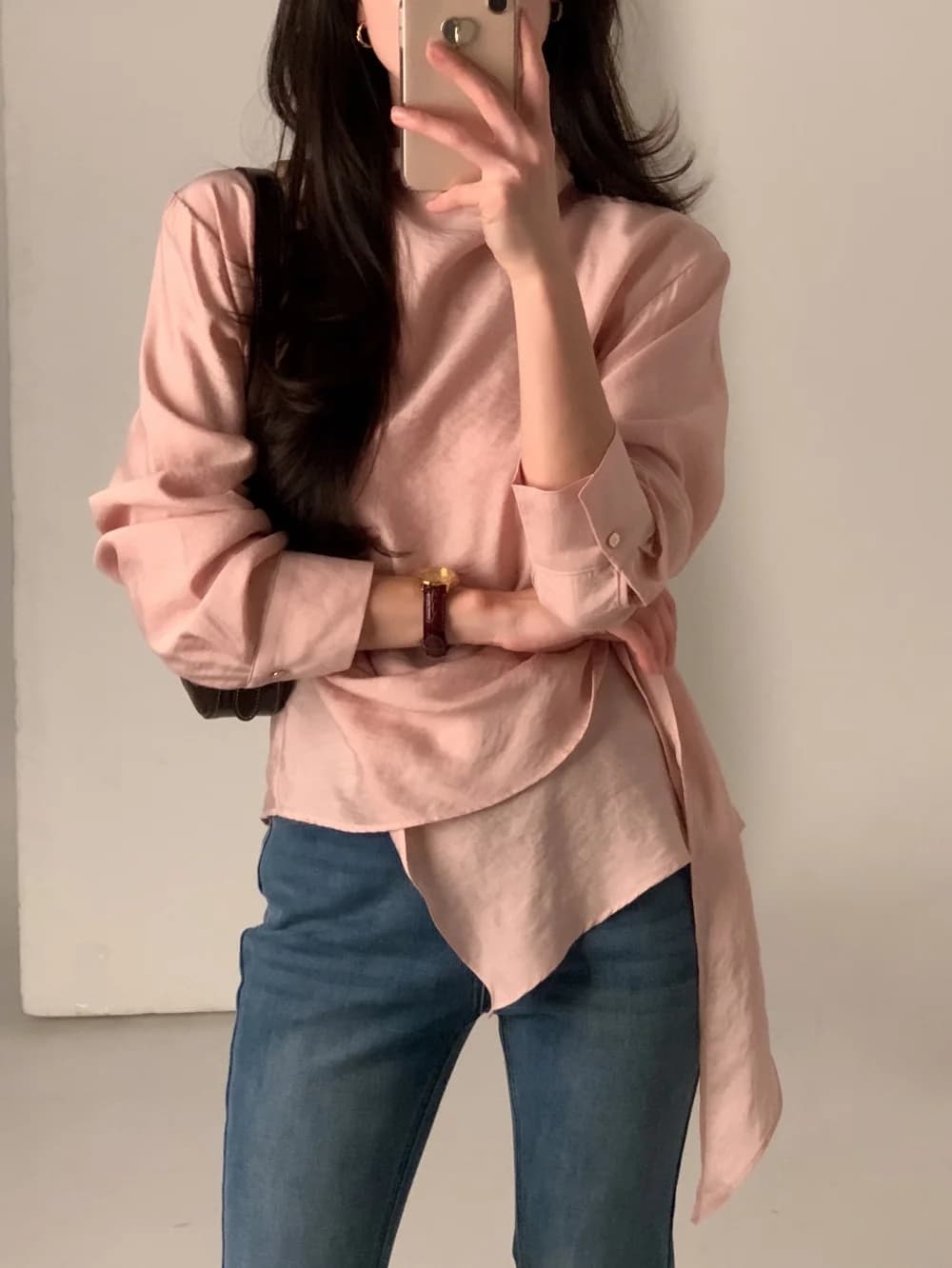 있음 선적 chic 한국 스타일 불규칙 레이스업 이른 봄 셔츠 상세 이미지 35