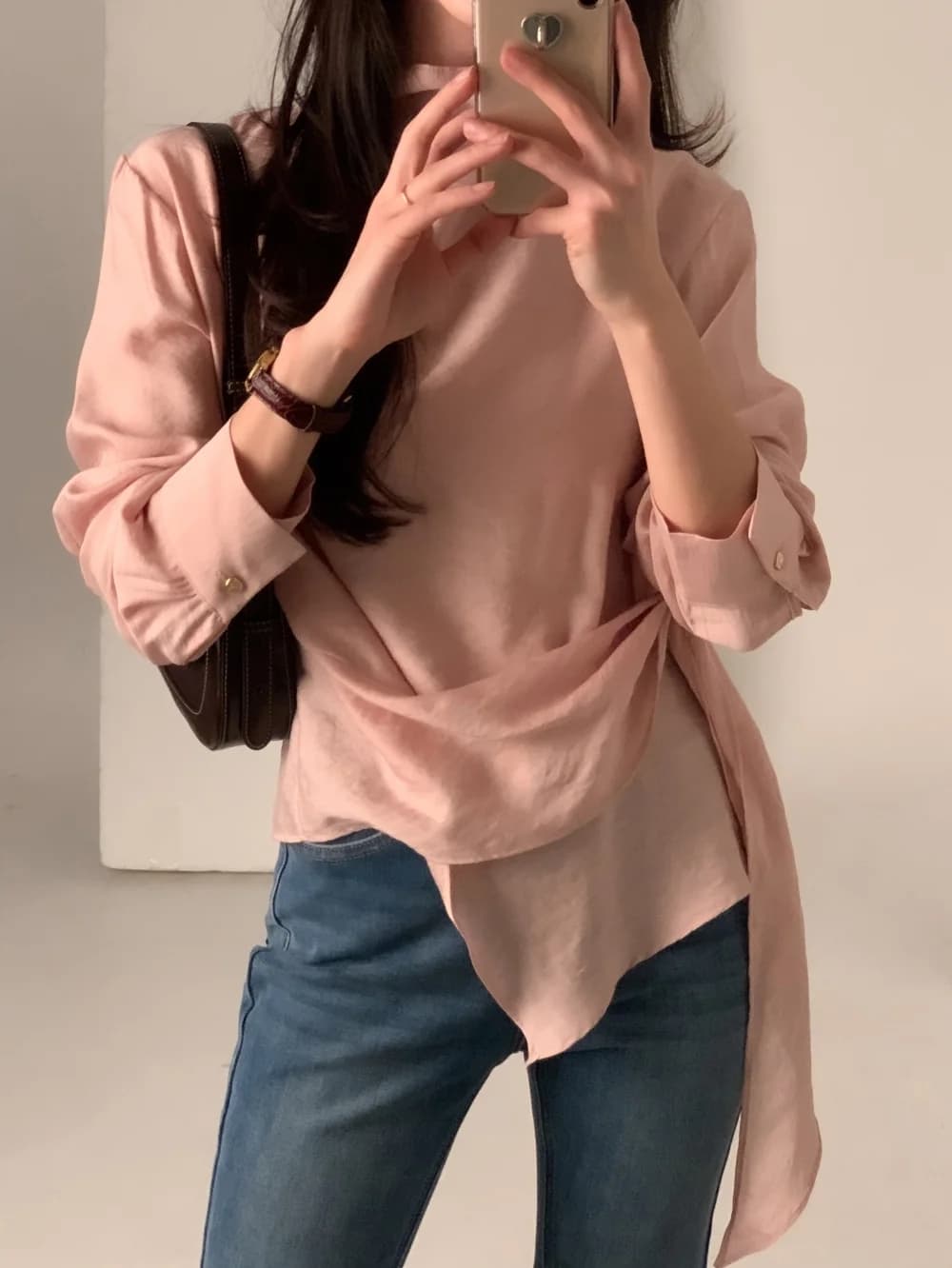 있음 선적 chic 한국 스타일 불규칙 레이스업 이른 봄 셔츠 상세 이미지 37