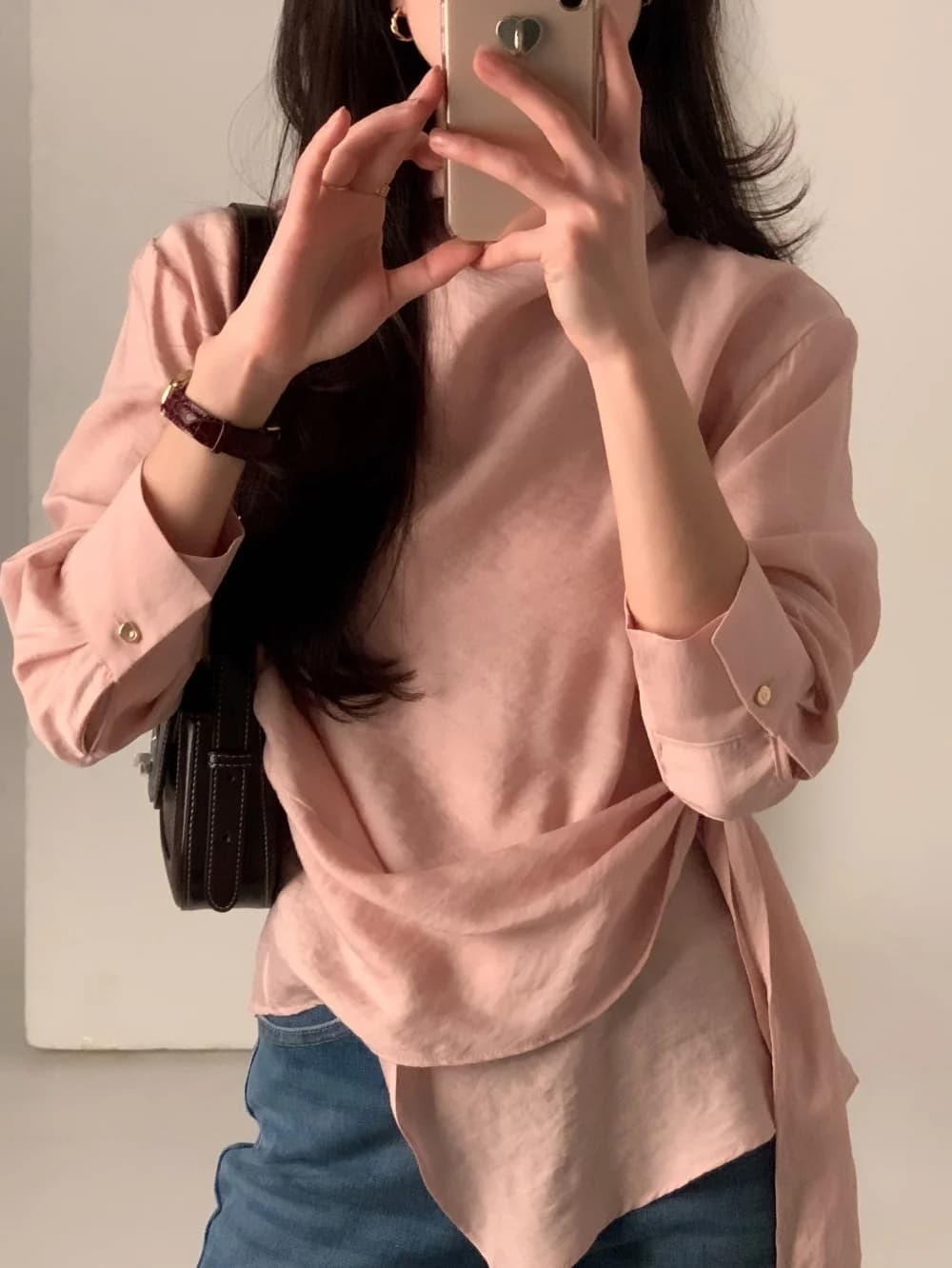 있음 선적 chic 한국 스타일 불규칙 레이스업 이른 봄 셔츠 상세 이미지 39