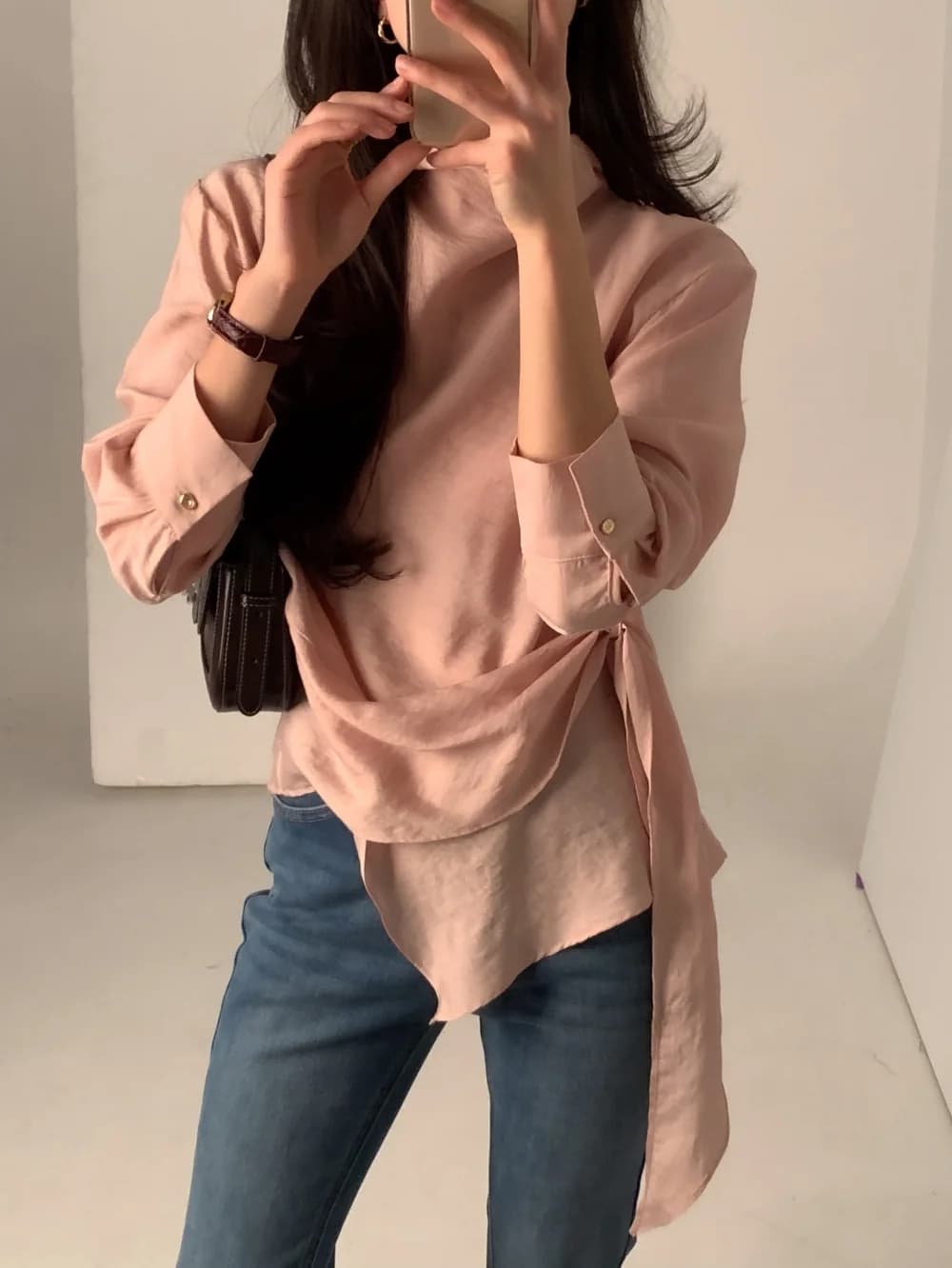 있음 선적 chic 한국 스타일 불규칙 레이스업 이른 봄 셔츠 상세 이미지 40