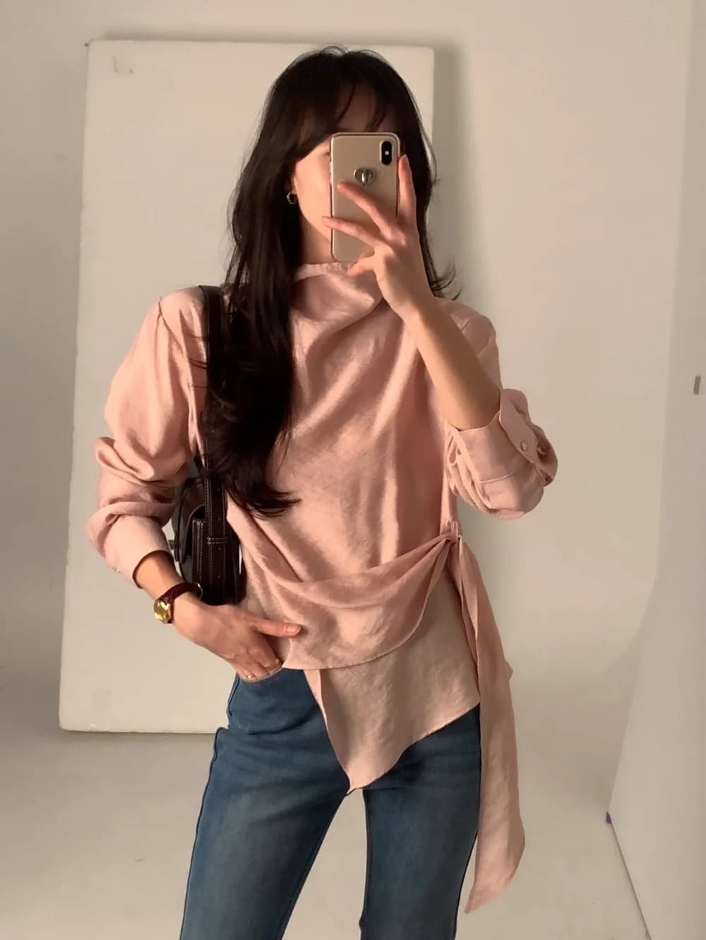 있음 선적 chic 한국 스타일 불규칙 레이스업 이른 봄 셔츠 상세 이미지 41