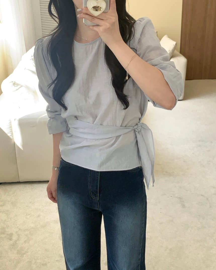 있음 선적 chic 2026 가을 레이스업 허리 수축 라운드 넥 풀오버 셔츠 이미지 2