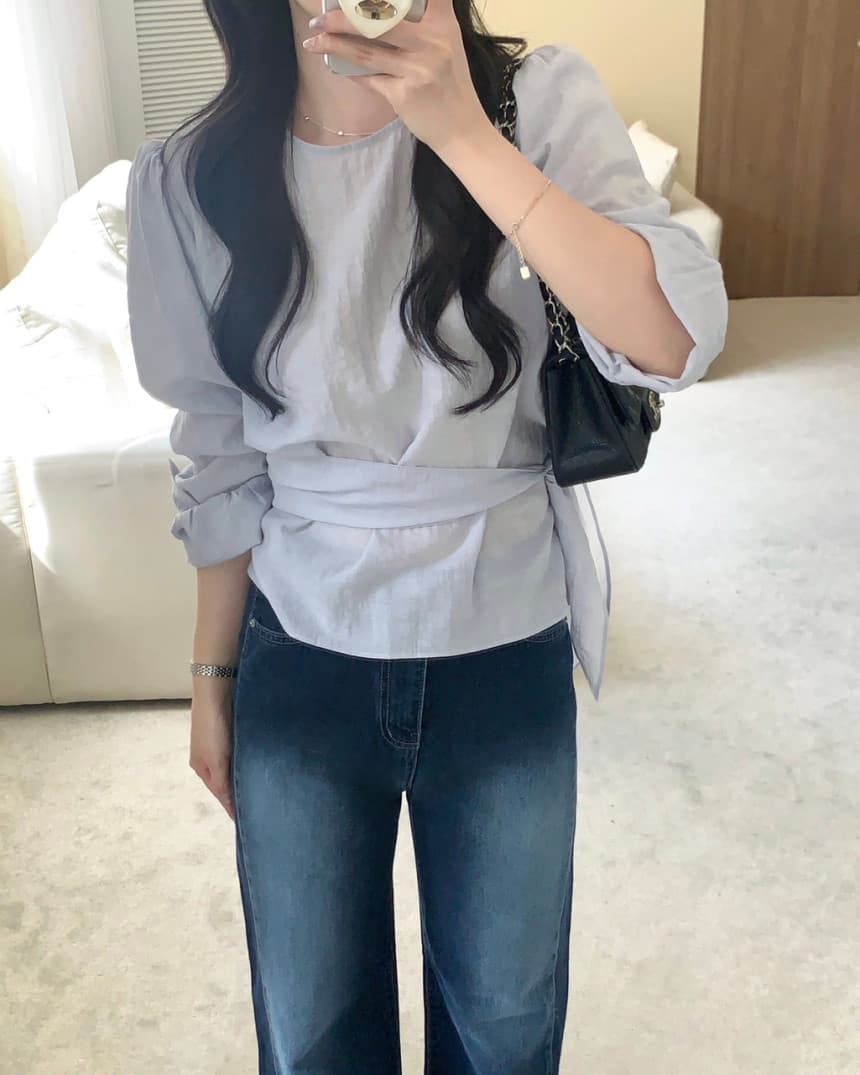있음 선적 chic 2026 가을 레이스업 허리 수축 라운드 넥 풀오버 셔츠 상세 이미지 7