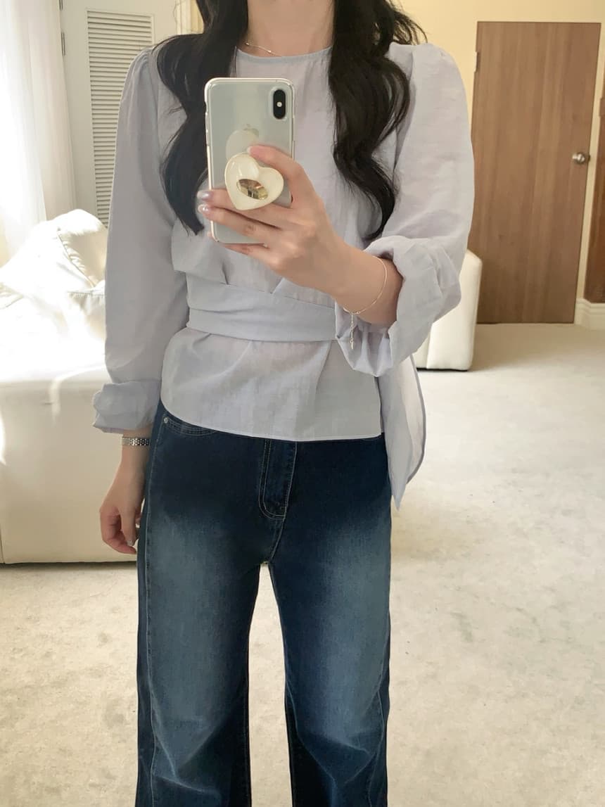있음 선적 chic 2026 가을 레이스업 허리 수축 라운드 넥 풀오버 셔츠 상세 이미지 9