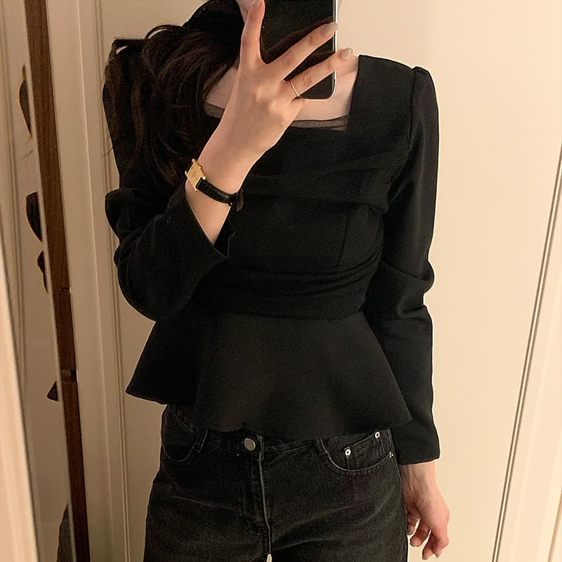 있음 선적 chic 한국 스타일 패치워크 망사 프릴 광장 칼라 셔츠 이미지 4