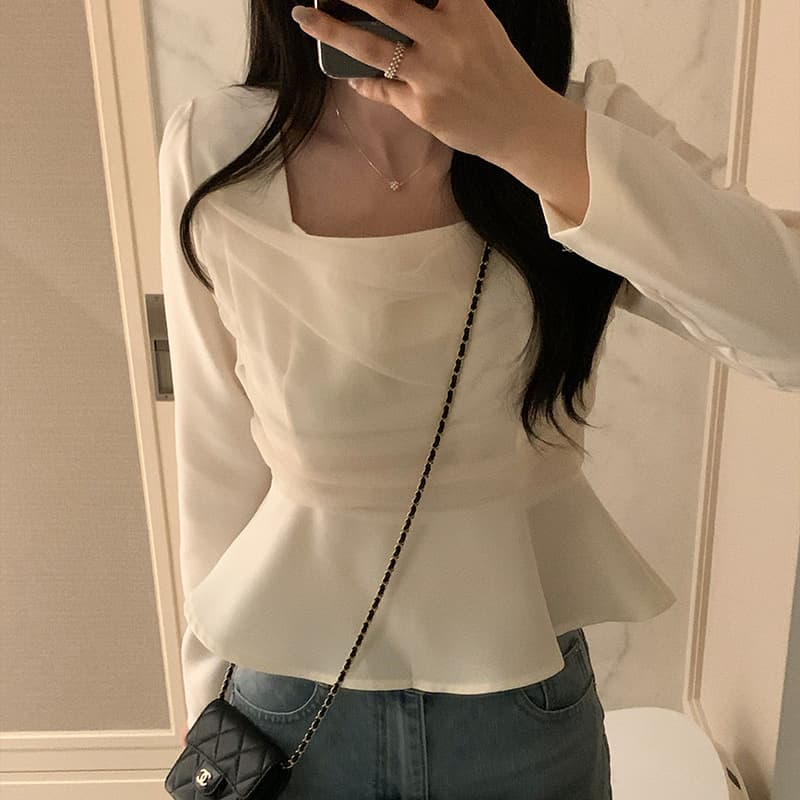 있음 선적 chic 한국 스타일 패치워크 망사 프릴 광장 칼라 셔츠 이미지 5