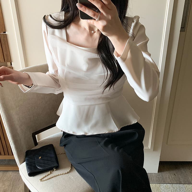 있음 선적 chic 한국 스타일 패치워크 망사 프릴 광장 칼라 셔츠 이미지 3