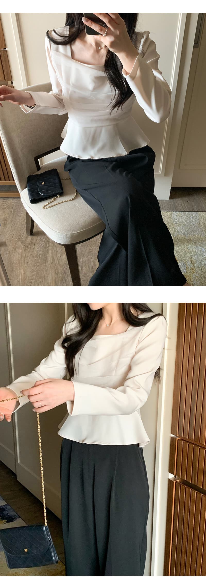 있음 선적 chic 한국 스타일 패치워크 망사 프릴 광장 칼라 셔츠 상세 이미지 5