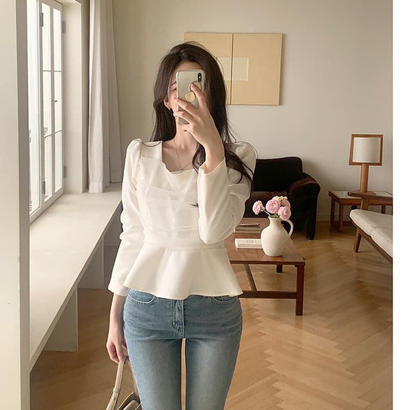 있음 선적 chic 한국 스타일 패치워크 망사 프릴 광장 칼라 셔츠 이미지 4