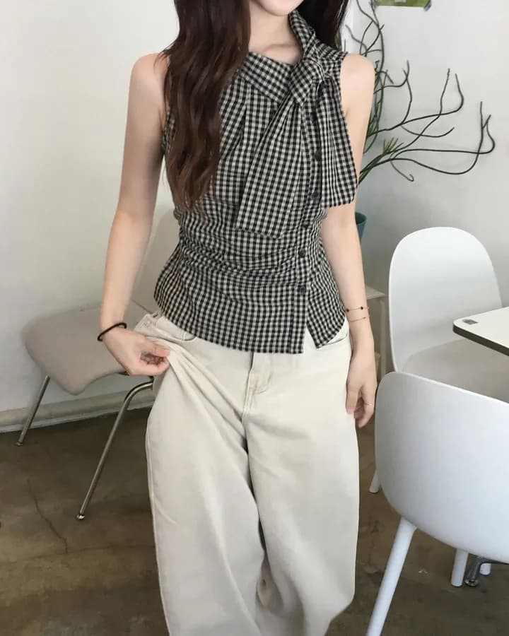 chic 한국 스타일 민소매 체크무늬 조끼 상세 이미지 10