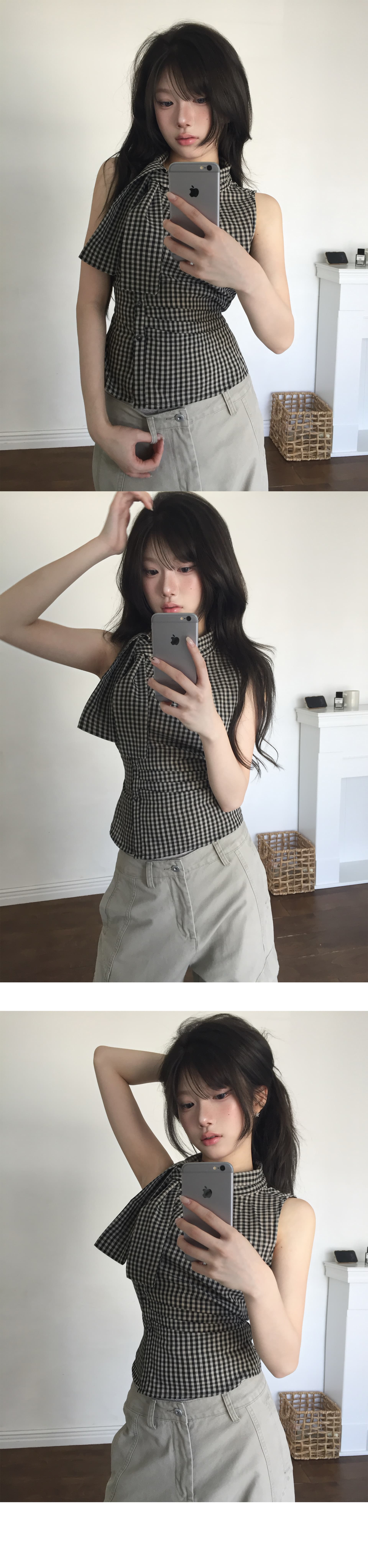 있음 선적 chic 한국 스타일 불규칙 레이스업 체크무늬 조끼 상세 이미지 3