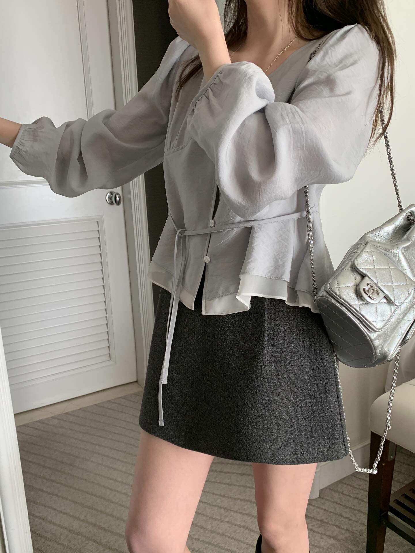 있음 선적 chic 한국 스타일 페이크 레이어드 레이스업 가을 셔츠 상세 이미지 11