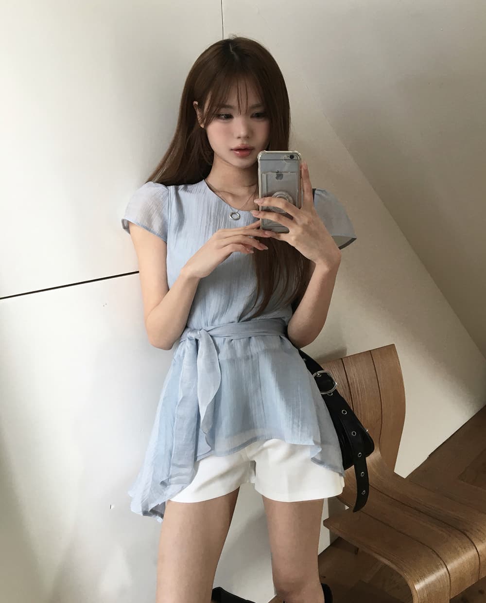 있음 선적 chic 한국 스타일 불규칙 반팔 라운드 넥 셔츠 상세 이미지 18