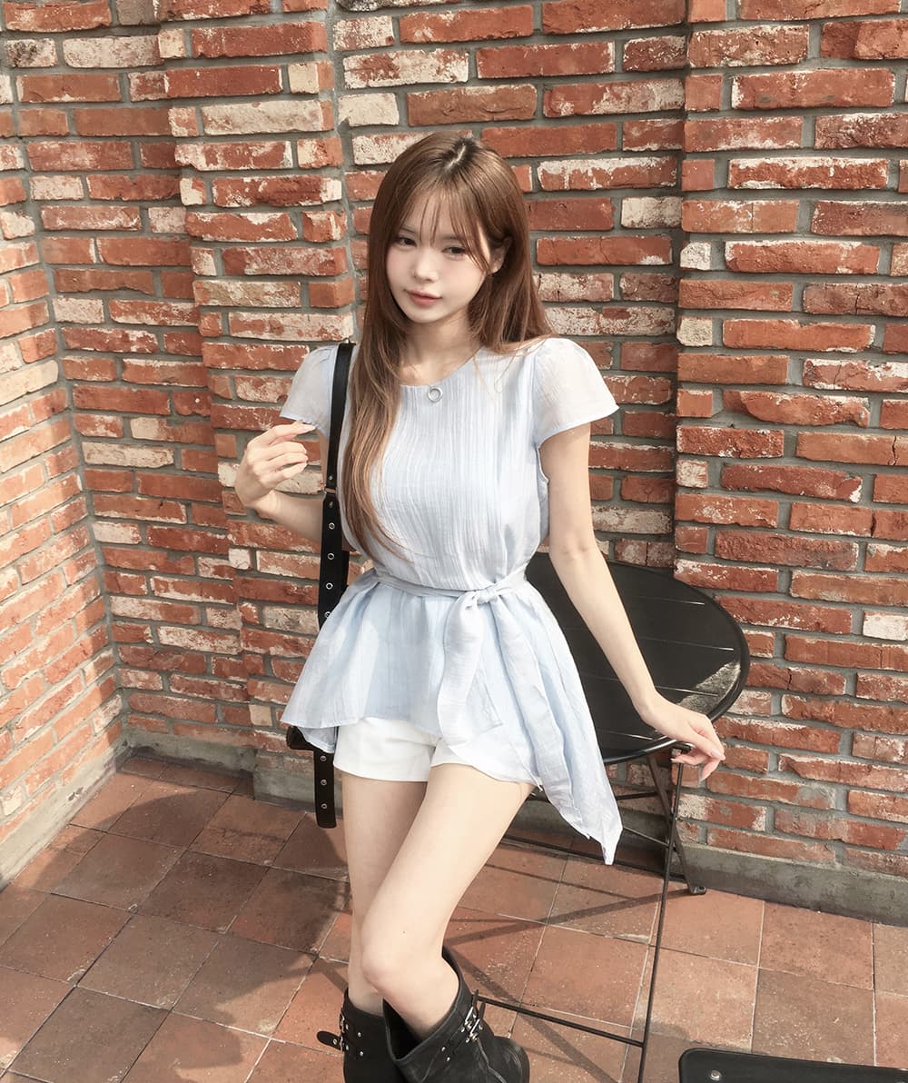 있음 선적 chic 한국 스타일 불규칙 반팔 라운드 넥 셔츠 상세 이미지 19