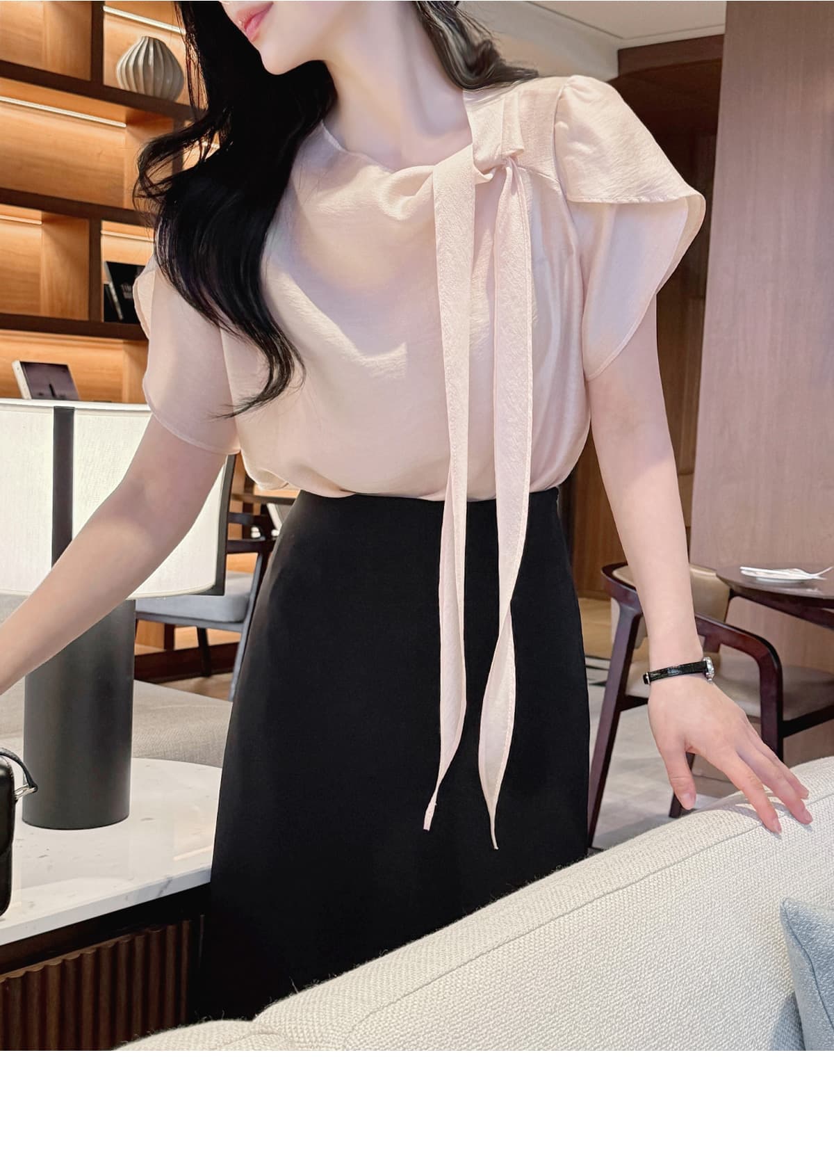 있음 선적 chic 한국 스타일 빛 럭셔리 바람 2026 여름 레이스 업 셔츠 이미지 2