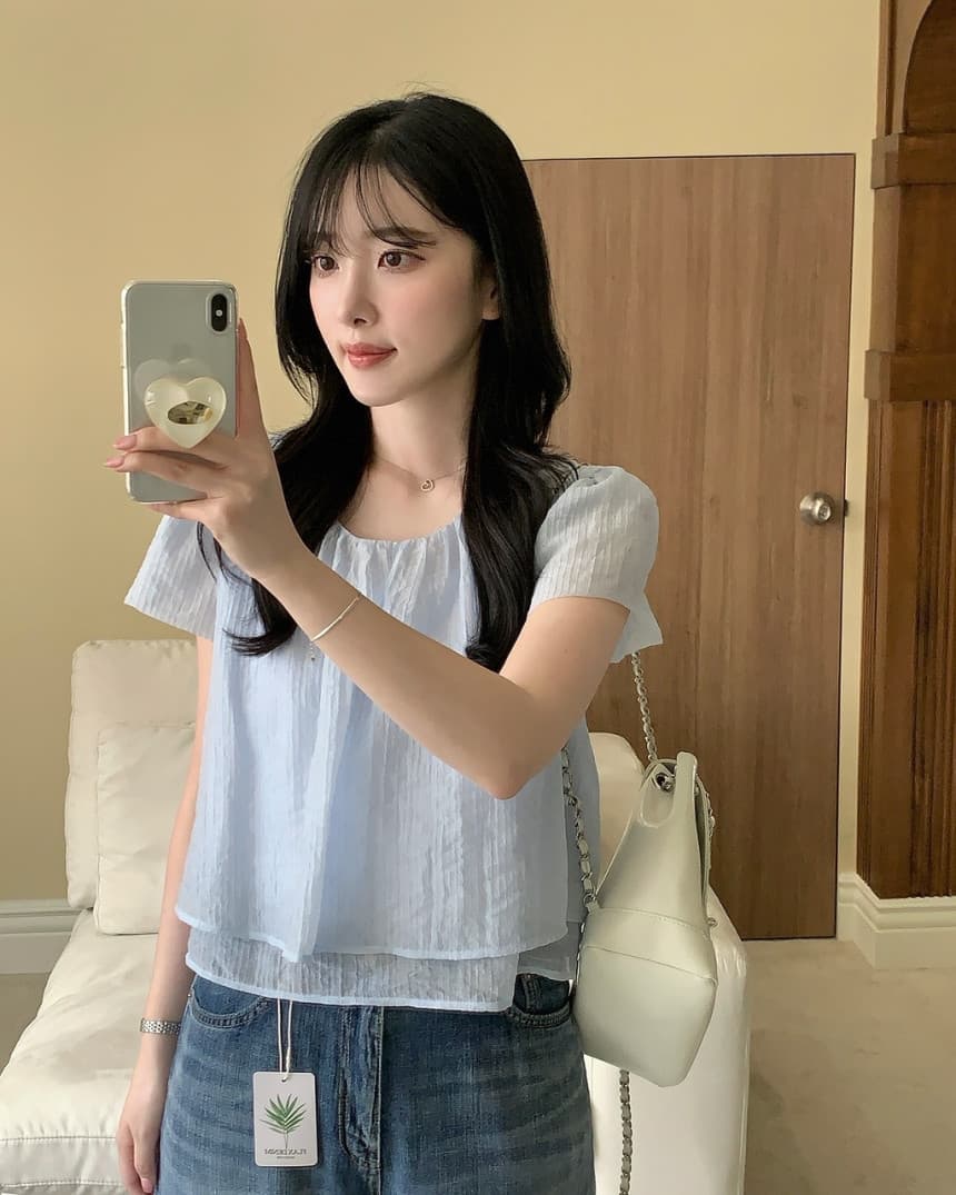 있음 선적 chic 한국 스타일 라운드 넥 페이크 레이어드 셔츠 상세 이미지 13
