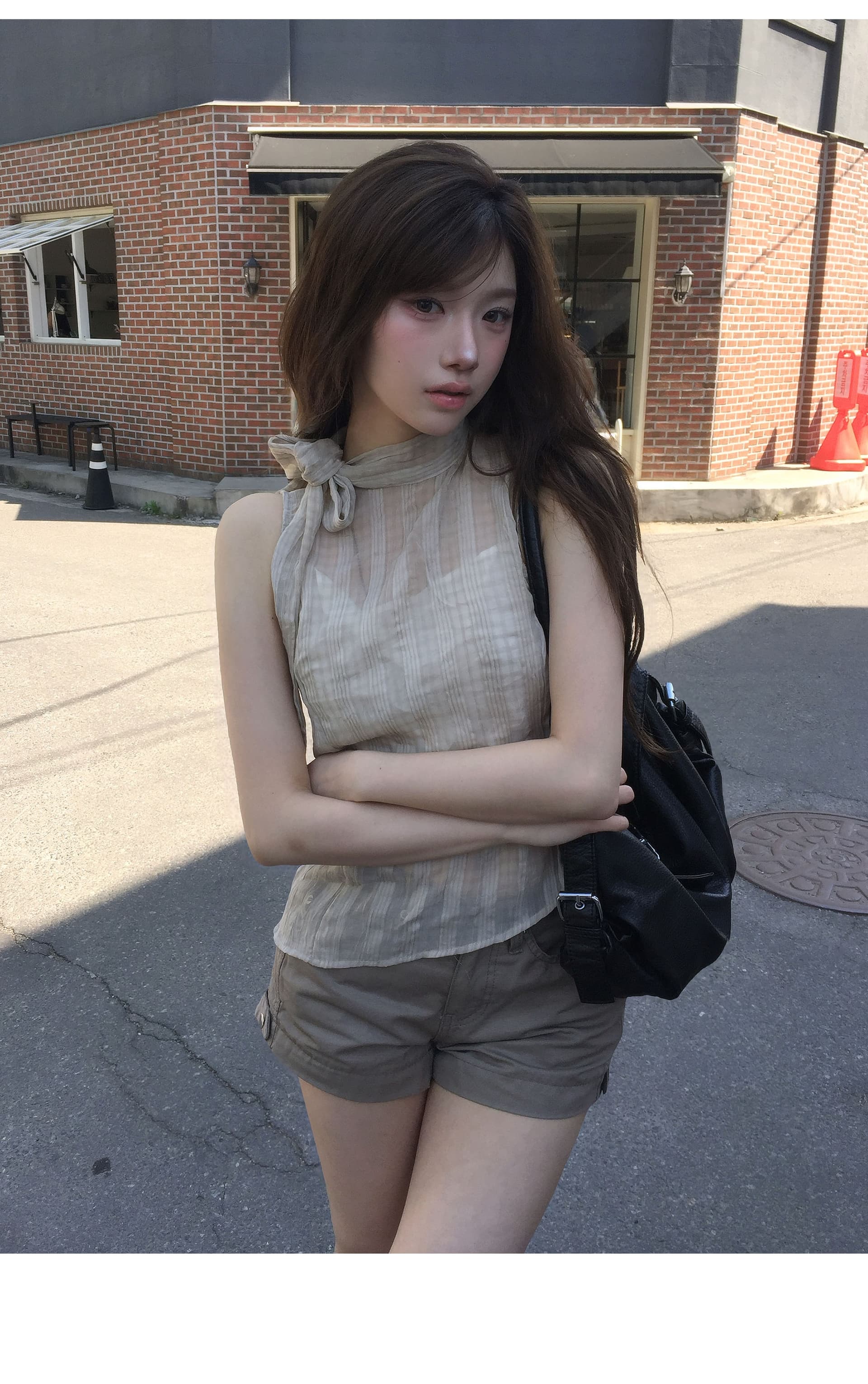 있음 선적 스탠드 칼라 나비 매듭 스트랩 질감 센스 주름 체크무늬 민소매 조끼 작은 셔츠 벨트 튜브탑 상세 이미지 6