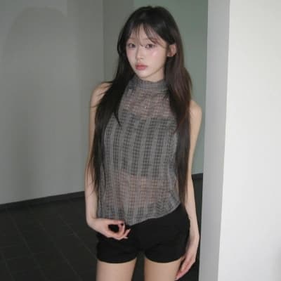 있음 선적 스탠드 칼라 나비 매듭 스트랩 질감 센스 주름 체크무늬 민소매 조끼 작은 셔츠 벨트 튜브탑 상세 이미지 11
