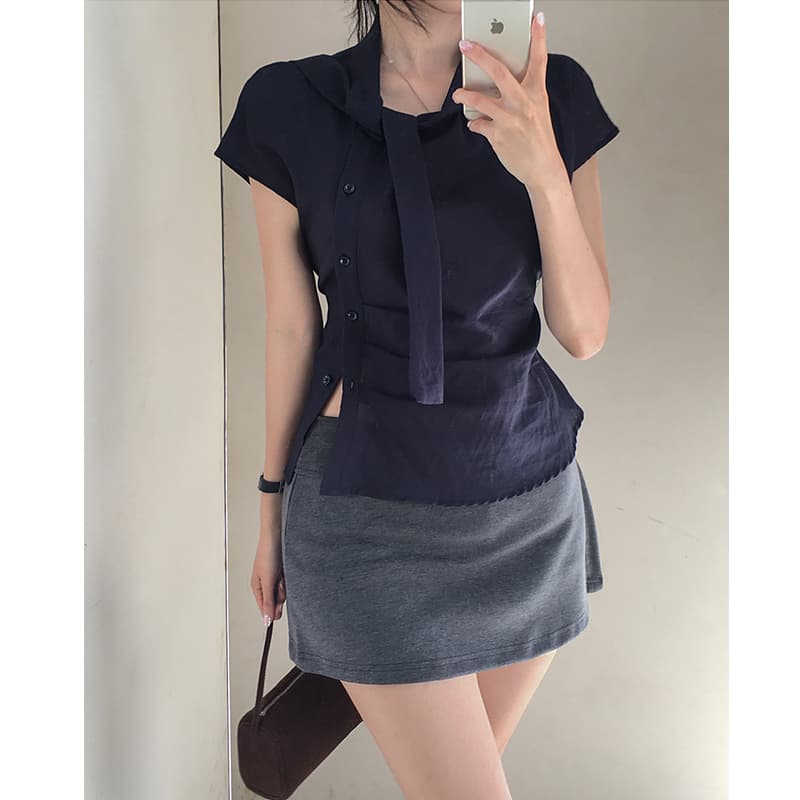 있음 선적 chic 한국 스타일 불규칙 반팔 셔츠 이미지 5
