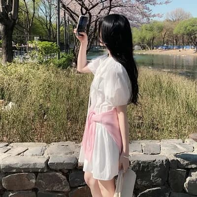chic 한국 스타일 품격 작은 대중 반팔 드레스 이미지 3