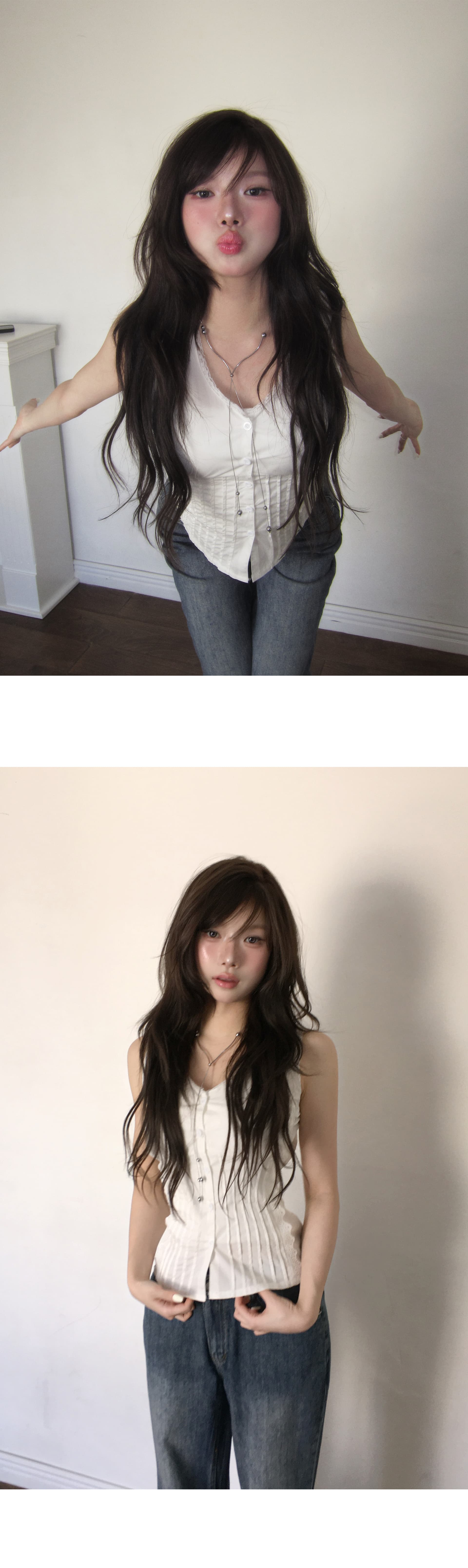 chic 한국 스타일 V넥 허리 수축 민소매 조끼 맨위 상세 이미지 3