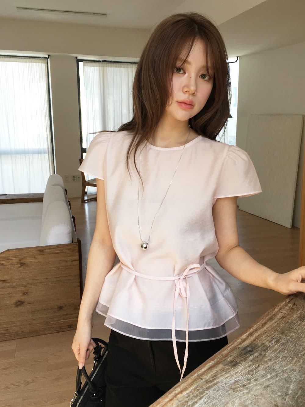 chic 라운드 넥 레트로 도트 무늬 반팔 인형 셔츠 셔츠 맨위 여성 상세 이미지 9