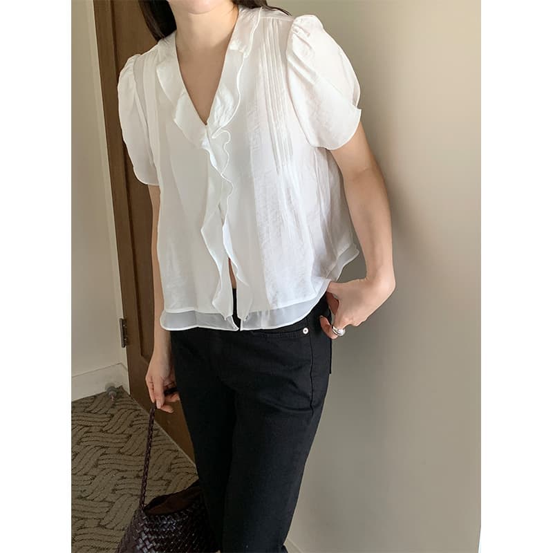 있음 선적 chic 한국 스타일 작은 대중 명중 Pleat 페이크 레이어드 캐주얼 품격 프릴 셔츠 이미지 5