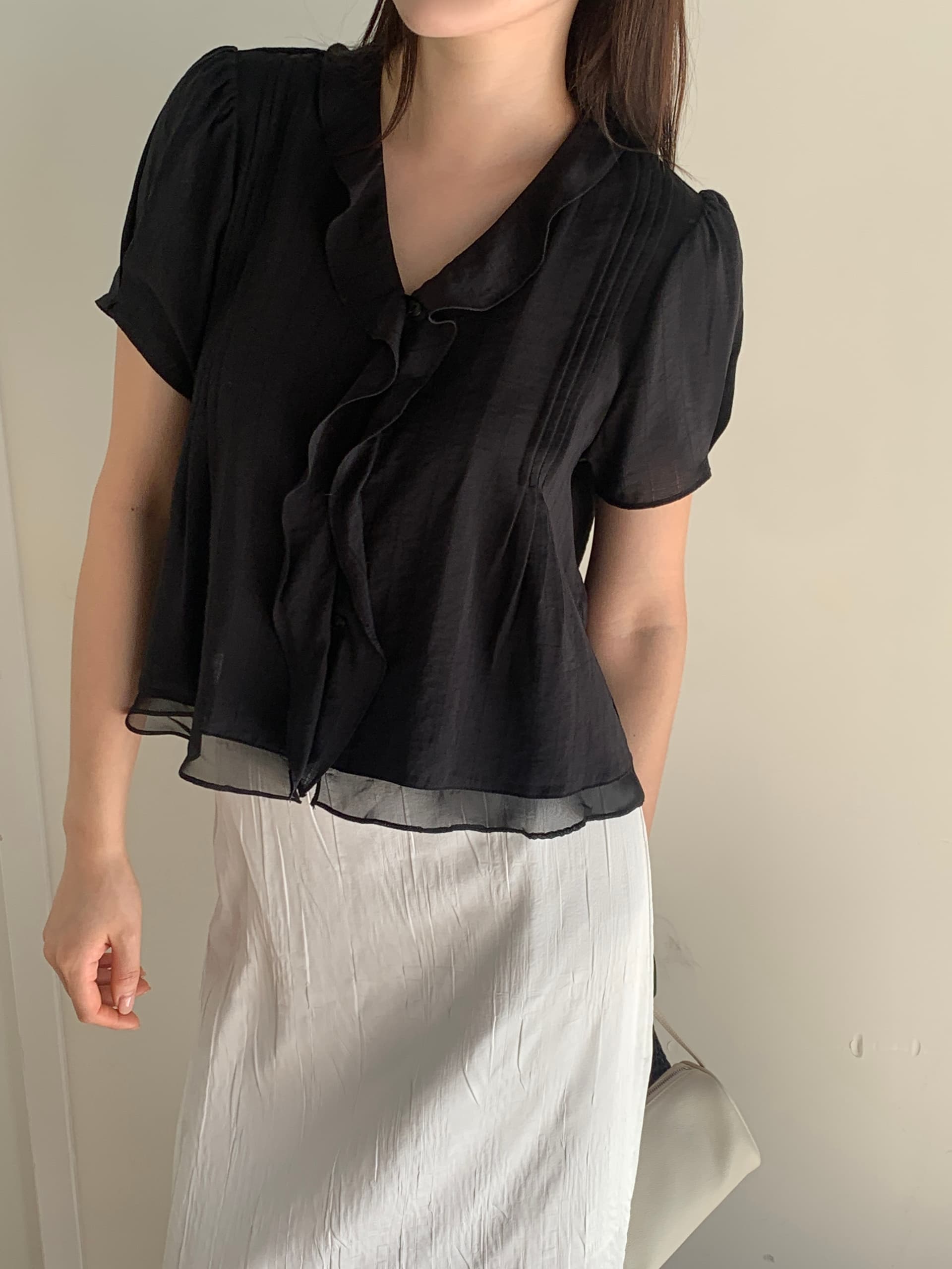있음 선적 chic 한국 스타일 작은 대중 명중 Pleat 페이크 레이어드 캐주얼 품격 프릴 셔츠 이미지 2