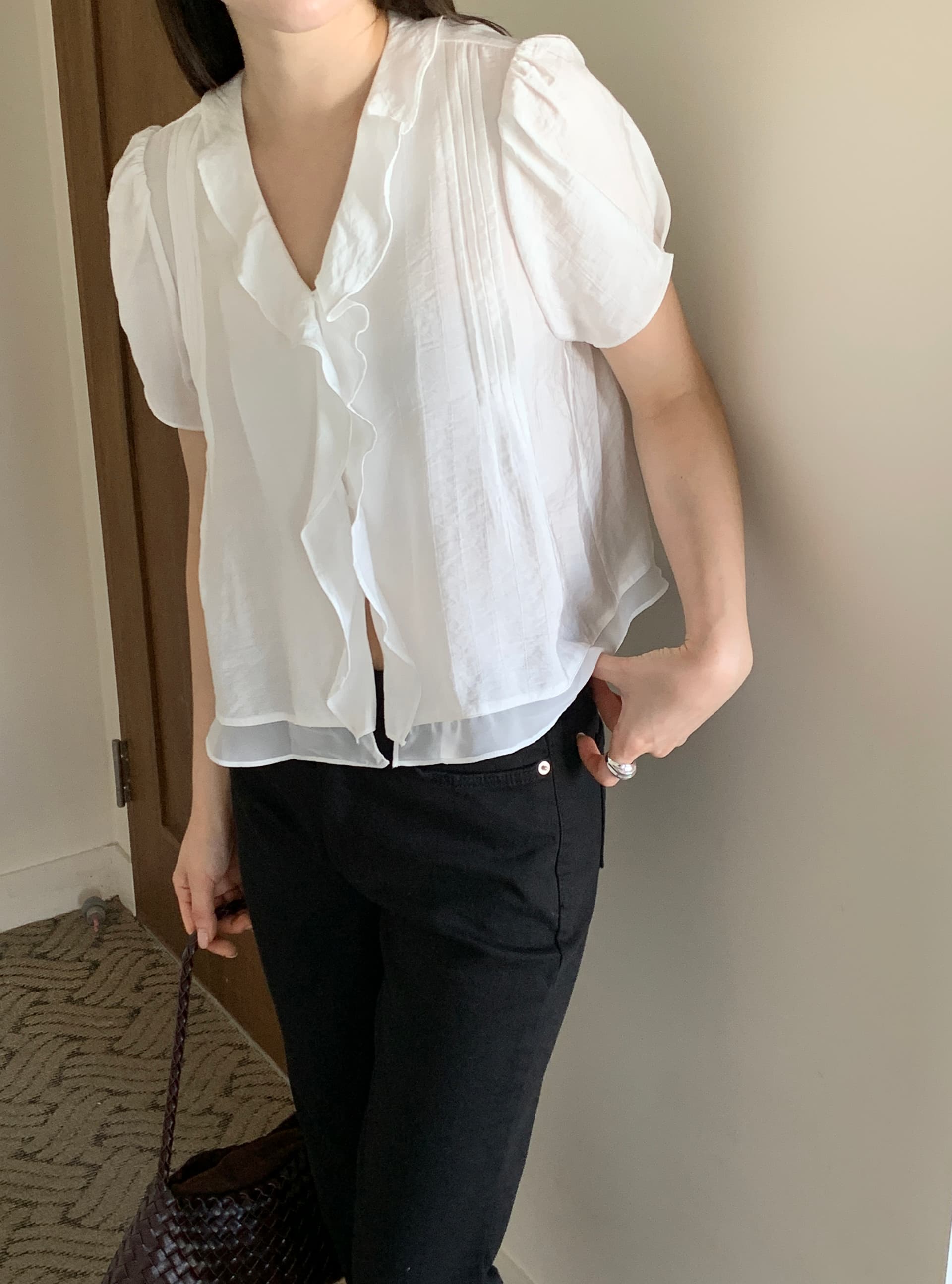 있음 선적 chic 한국 스타일 작은 대중 명중 Pleat 페이크 레이어드 캐주얼 품격 프릴 셔츠 상세 이미지 6