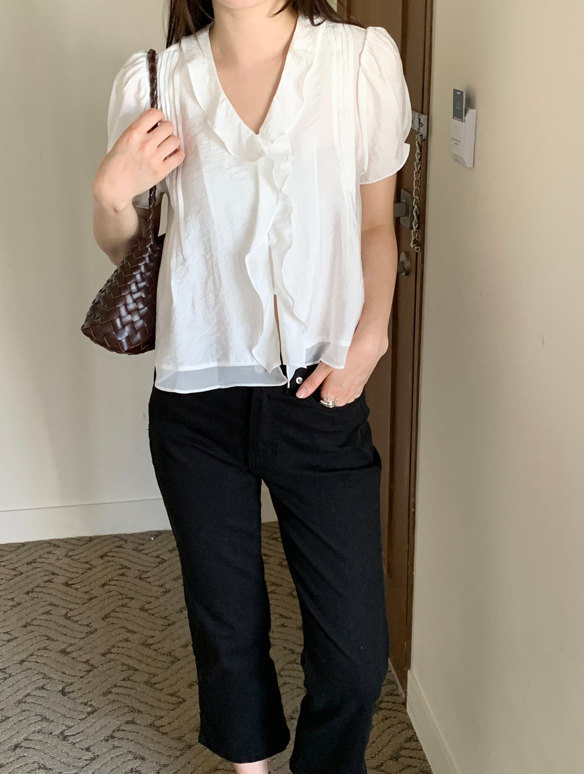 있음 선적 chic 한국 스타일 작은 대중 명중 Pleat 페이크 레이어드 캐주얼 품격 프릴 셔츠 상세 이미지 7