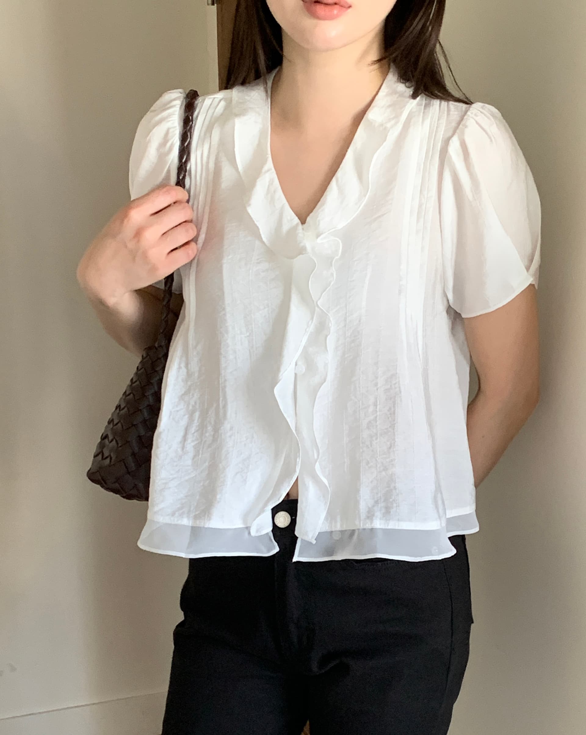 있음 선적 chic 한국 스타일 작은 대중 명중 Pleat 페이크 레이어드 캐주얼 품격 프릴 셔츠 상세 이미지 8