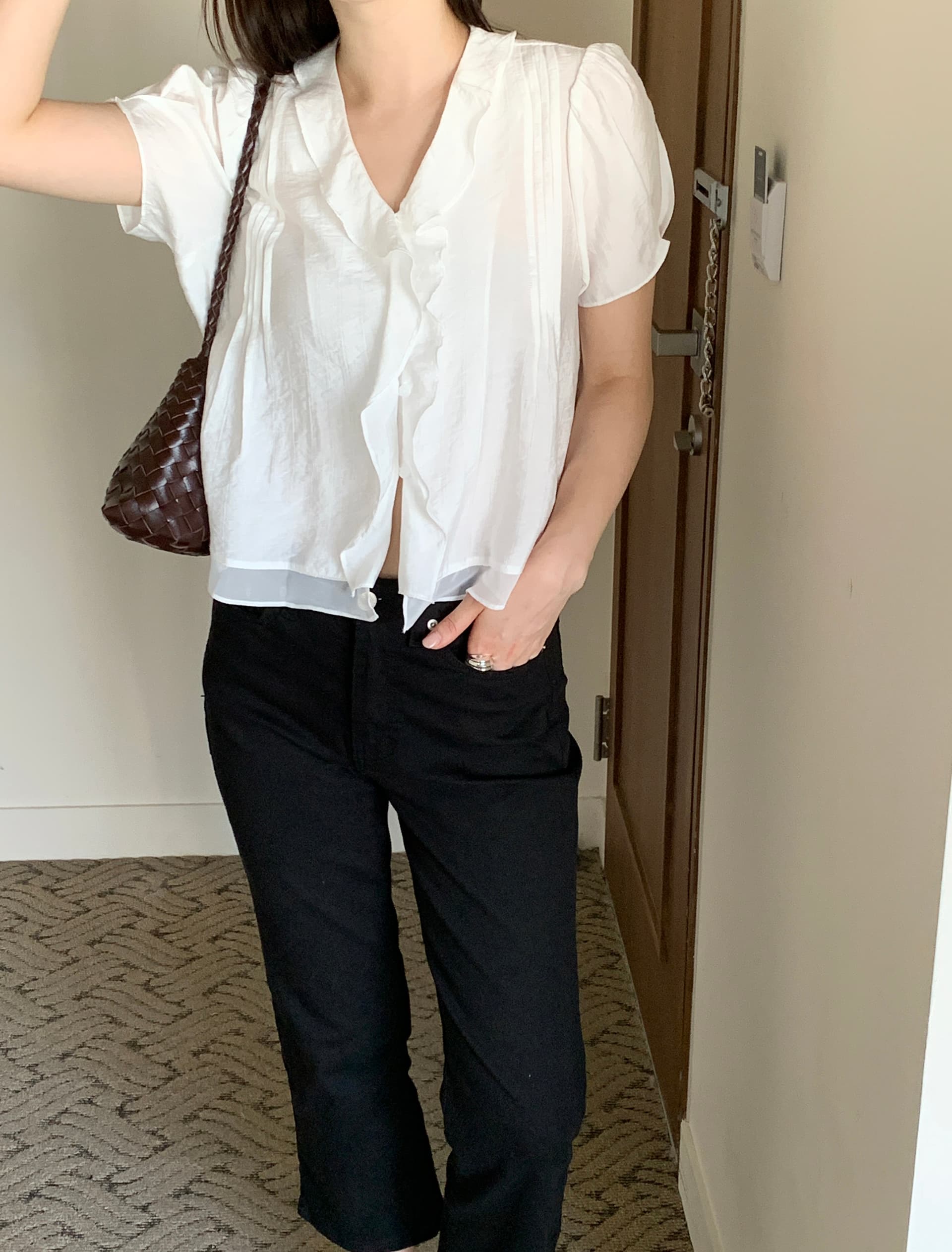 있음 선적 chic 한국 스타일 작은 대중 명중 Pleat 페이크 레이어드 캐주얼 품격 프릴 셔츠 상세 이미지 9