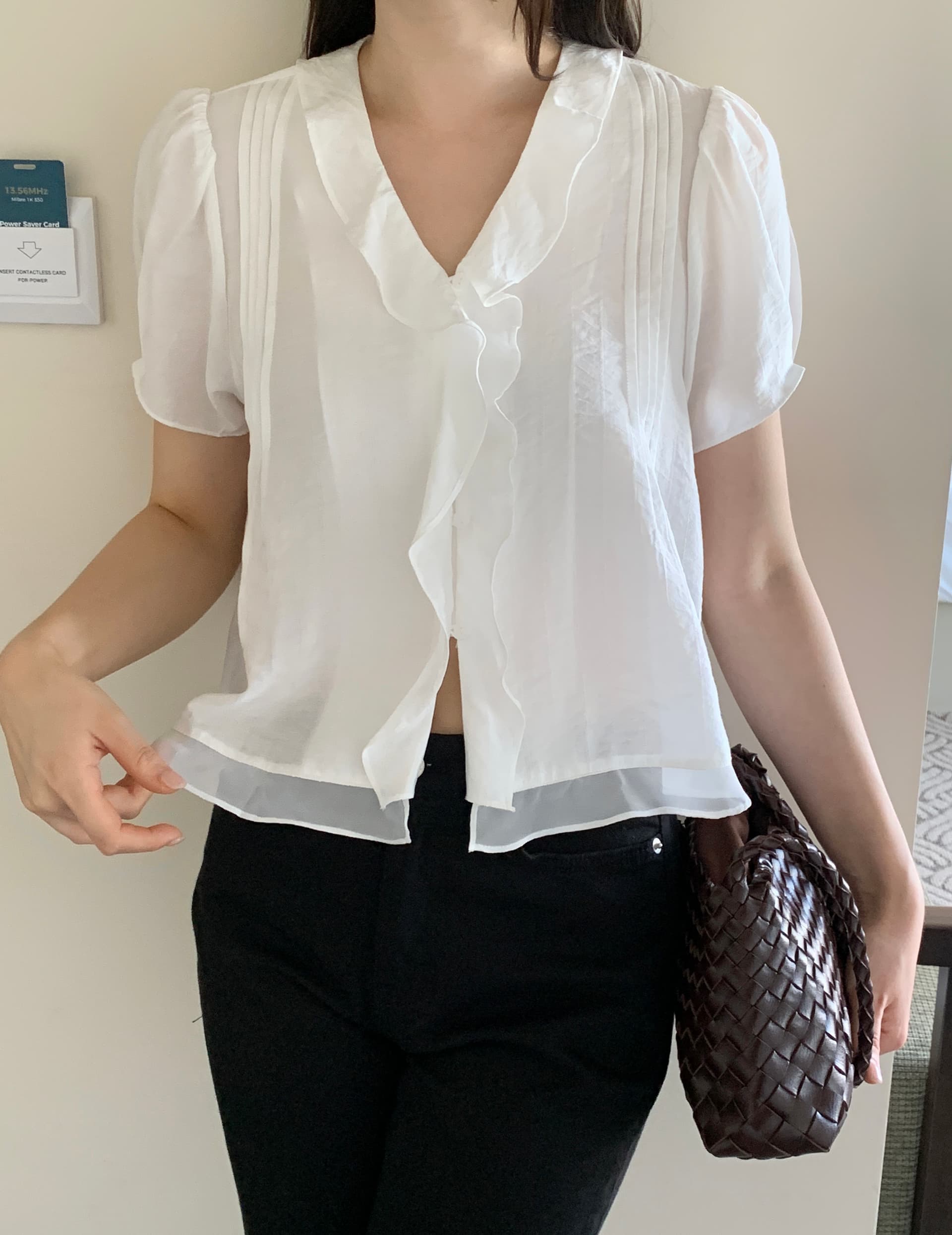 있음 선적 chic 한국 스타일 작은 대중 명중 Pleat 페이크 레이어드 캐주얼 품격 프릴 셔츠 상세 이미지 10
