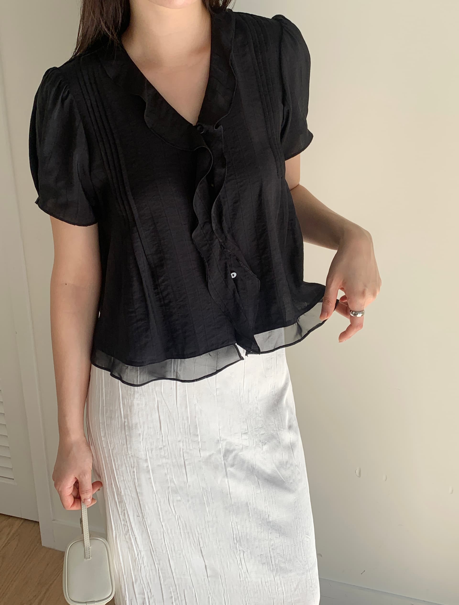 있음 선적 chic 한국 스타일 작은 대중 명중 Pleat 페이크 레이어드 캐주얼 품격 프릴 셔츠 상세 이미지 19