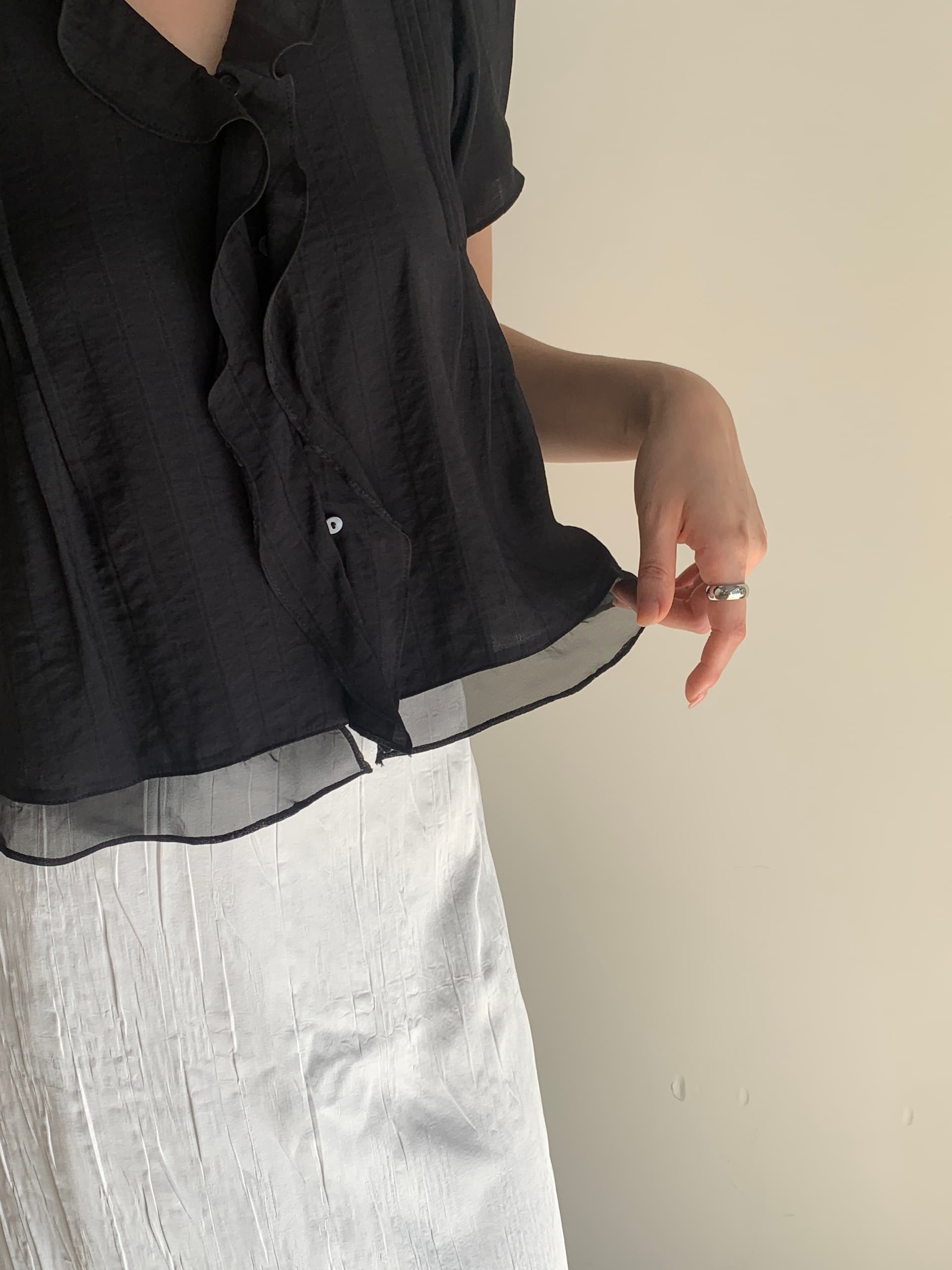 있음 선적 chic 한국 스타일 작은 대중 명중 Pleat 페이크 레이어드 캐주얼 품격 프릴 셔츠 상세 이미지 20