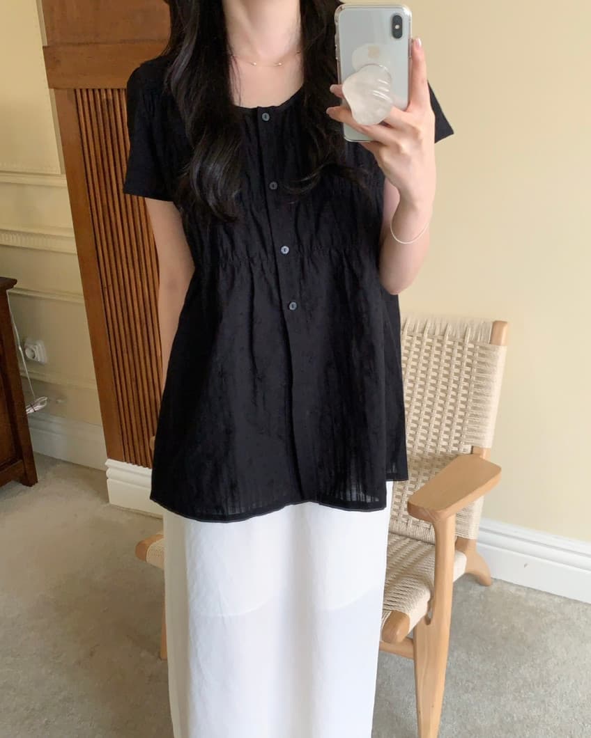 chic 한국 스타일 자카드 원단 라운드 넥 싱글 줄 버튼 품격 셔츠 이미지 3