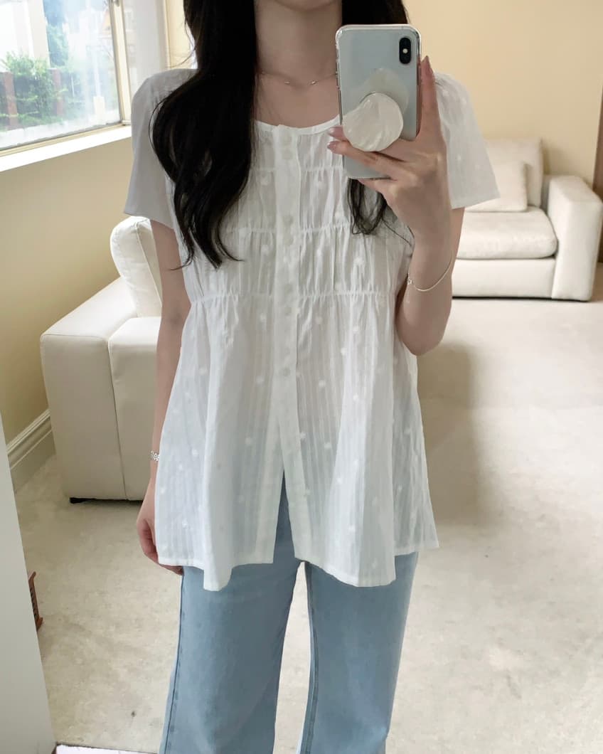 chic 한국 스타일 자카드 원단 라운드 넥 싱글 줄 버튼 품격 셔츠 상세 이미지 1