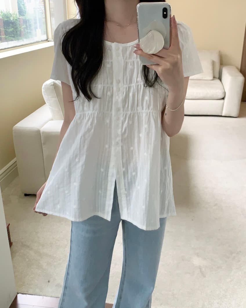 chic 한국 스타일 자카드 원단 라운드 넥 싱글 줄 버튼 품격 셔츠 상세 이미지 2