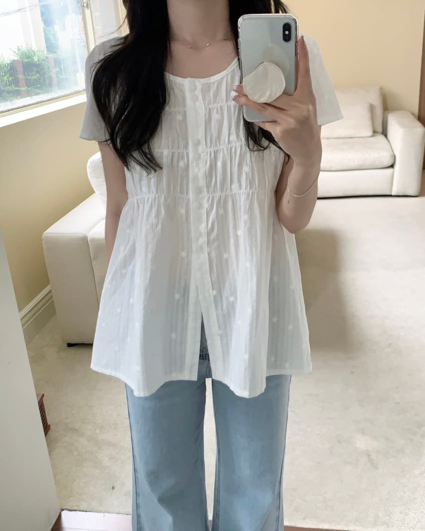 chic 한국 스타일 자카드 원단 라운드 넥 싱글 줄 버튼 품격 셔츠 상세 이미지 3