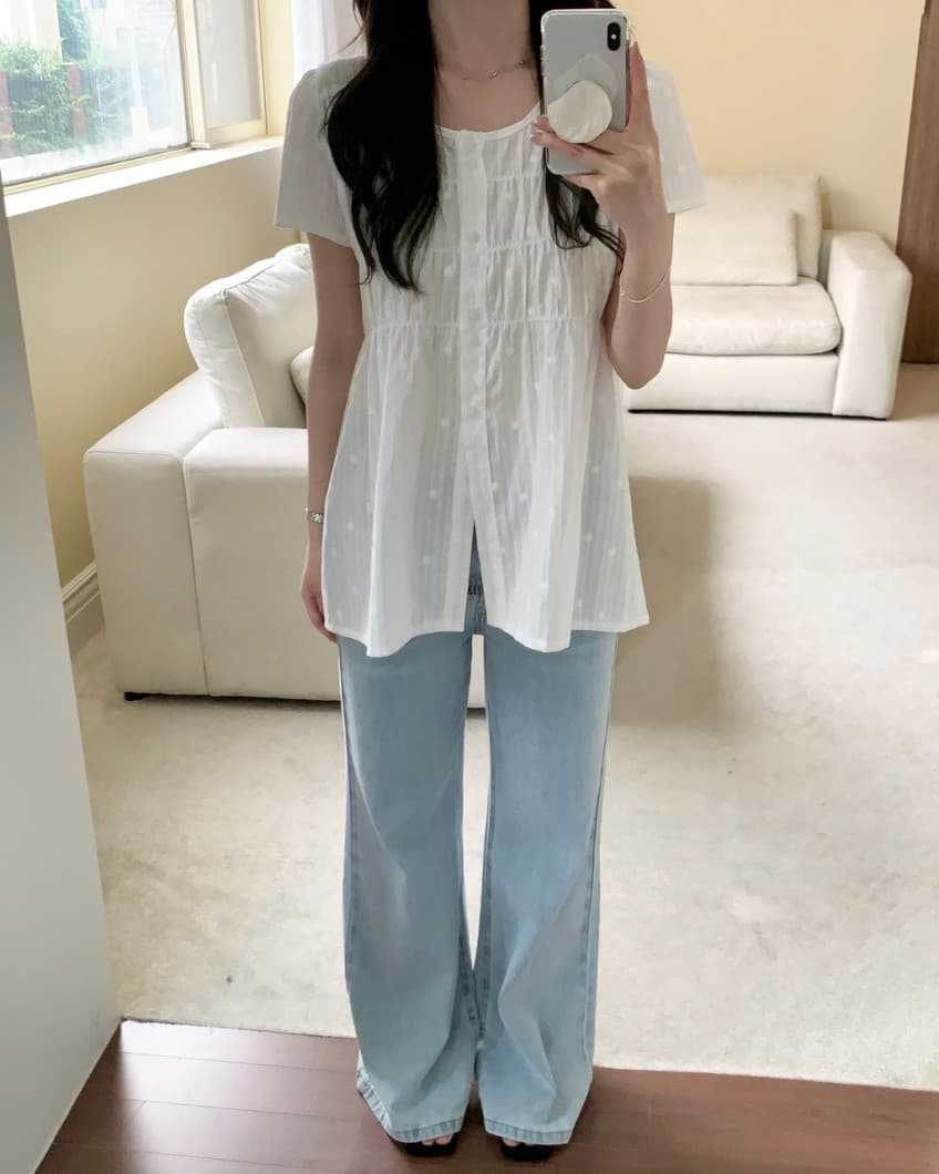 chic 한국 스타일 자카드 원단 라운드 넥 싱글 줄 버튼 품격 셔츠 상세 이미지 4