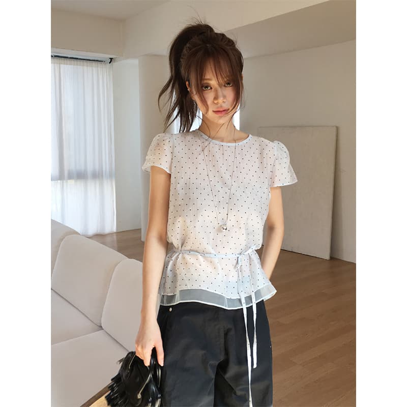 chic 한국 스타일 페이크 레이어드 패치워크 스트랩 라운드 넥 작은 대중 셔츠 이미지 5